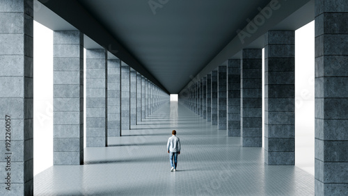 Quadro su tela Man walking through a long corridor of concrete pillars representing stability a