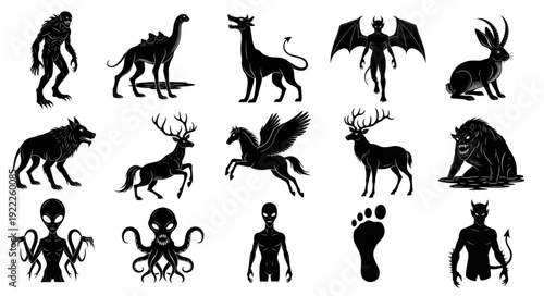 Collection of mythical creatures and cryptids silhouettes.