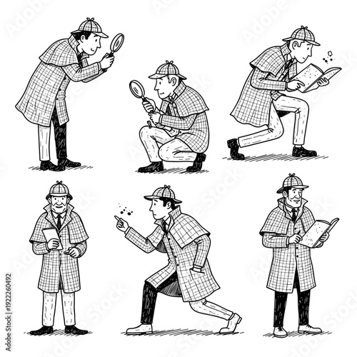 Set of Professional Detective Silhouettes Searching for Clues