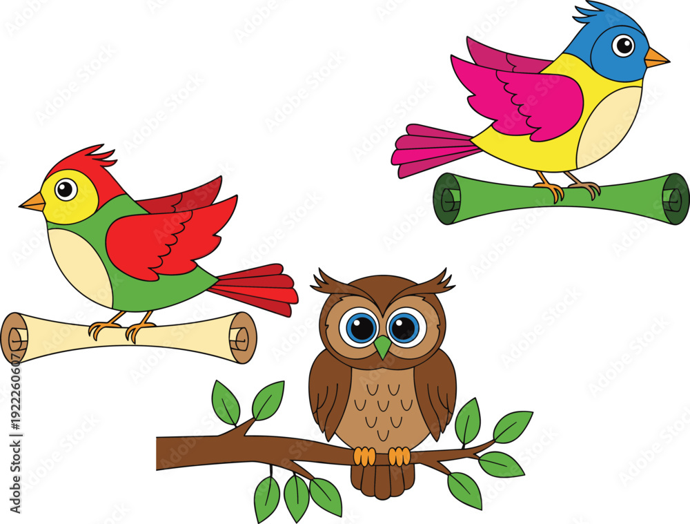 Fototapeta premium Colorful cartoon birds perched on branches including owl, parrot, and playful species with vibrant feathers, expressive eyes, and cheerful design