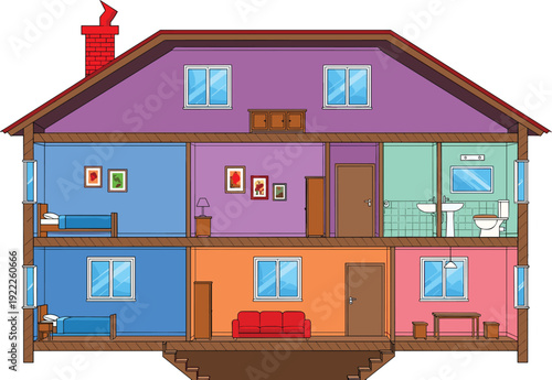Colorful house cutaway illustration showing interior rooms furniture layout bathroom bedroom living room cartoon vector isolated white background