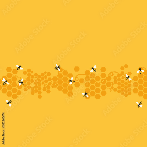 Vibrant Yellow Honeycomb Background Featuring Busy Honey Bees