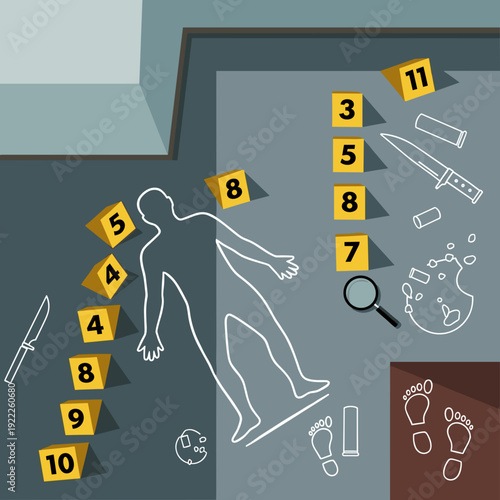 Crime Scene Investigation Concept with Chalk Outline and Evidence