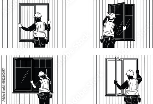 Construction worker installing and inspecting residential windows with safety equipment, hard hat, and tools on vertical paneled wall step-by-step process
