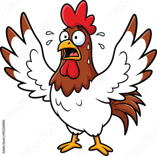 Funny cartoon chicken with wide eyes, sweating feathers, raised wings, and exaggerated startled reaction in humorous character design