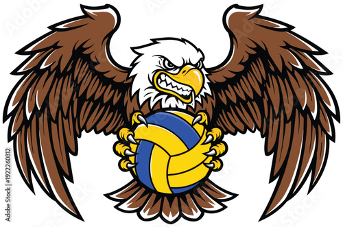 Fierce cartoon eagle mascot clutching volleyball with spread wings, sharp talons, and bold sports design symbolizing strength and competition