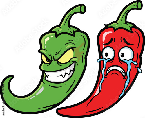 Funny cartoon chili peppers showing spicy contrast hot green pepper intimidating sad red pepper mascot illustration isolated on white background