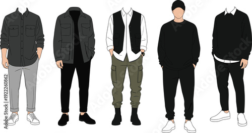 Illustration of five male figures in casual and semi-casual outfits including shirts, jackets, vests, sweaters, and accessories for fashion design
