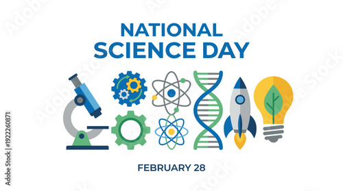 National Science Day Vector Template February 28 Horizontal Icon Set Microscope Gear Atom DNA Rocket Lightbulb Leaf Background Poster Educational Scientific Discovery Illustration