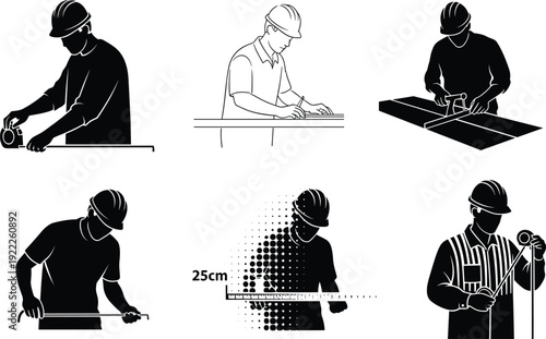 Illustrations of construction workers in safety helmets using tape measures, rulers, and tools to measure materials with precision and accuracy