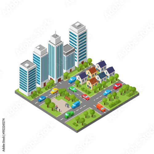 Isometric city landscape with modern buildings, houses, roads, and cars.