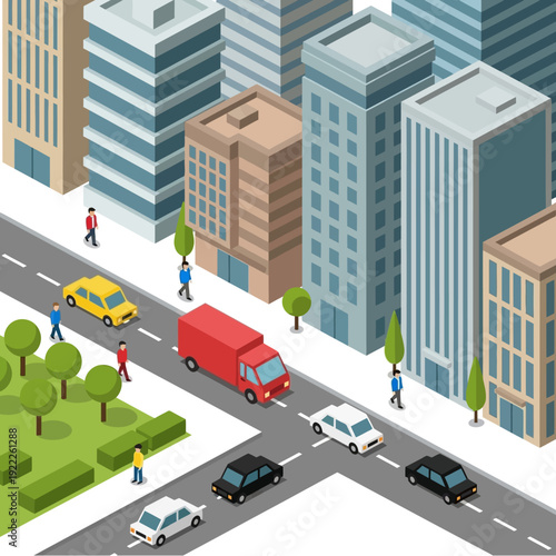 Isometric city street with cars, trucks, and pedestrians, illustrating urban life and transportation.