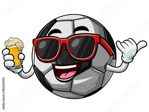 Vector of cartoon soccer ball with red sunglasses holding beer and shaka hand sign, perfect for sports, party, mascot, and fun leisure themes