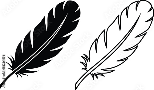 Two black and white feather line art design, minimalist feather drawing, vector illustration Vector