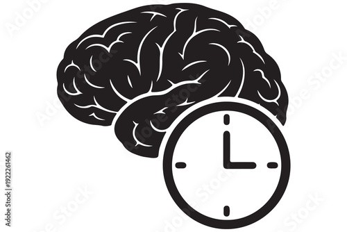 Human brain silhouette icon with a clock, symbolizing time management, productivity, and brain aging