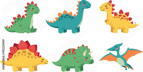 Cute dinosaur cartoon set with friendly prehistoric animals stegosaurus triceratops and pterodactyl playful vector illustration for kids nursery designs