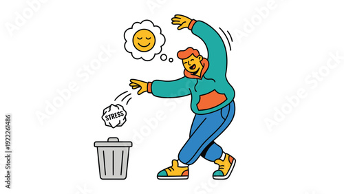 Stress management: Happy person throwing 'STRESS' paper into bin, embracing positive mental well-being