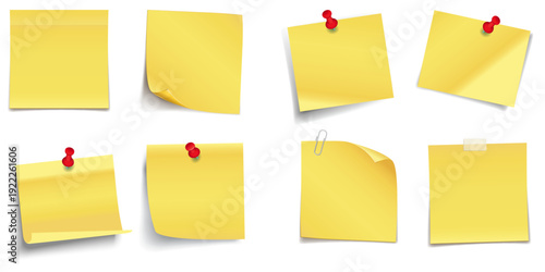 Realistic Sticky Notes Set Isolated on White Background, Post It Notes Collection with Soft Shadow, Colorful Reminder Paper Sheets, Office Memo Pad Stock Vector Illustration for Design & Presentation