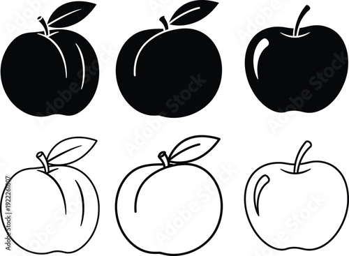 Black and white apple illustration set, minimalist fruit design, vector art Vector