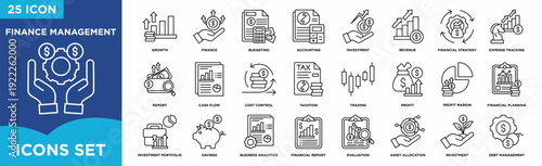 Finance management line icon set featuring budgeting, accounting, investment, revenue,  taxation, profit margin, asset allocation, financial planning, and debt management for corporate business analys