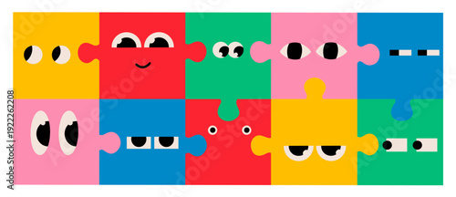 Bright flat vector of interconnected puzzle pieces in vibrant colors, each featuring expressive cartoon eyes and playful facial elements. ideal for educational materials, poster, apps, website, media