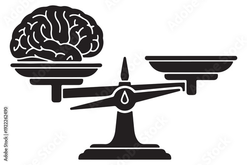 Human brain silhouette icon on a weighing scale, symbolizing emotional balance, decision making, and mental stability