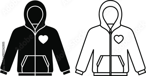 Black and white hoodies with heart design, minimalist fashion illustration, vector art Vector