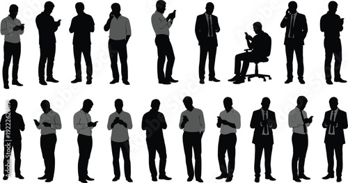 Collection of Silhouette Businessmen and Professionals Using Smartphones and Mobile Devices While Standing or Sitting in Various Modern Corporate Poses