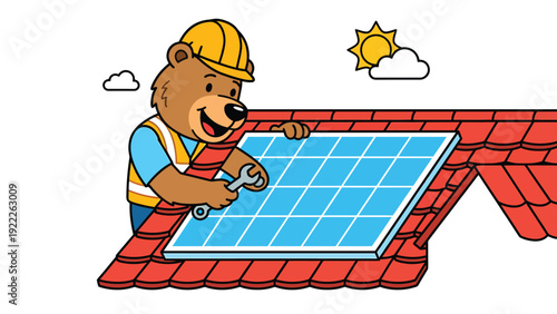 Cartoon bear installing solar panel on roof. Green energy, sustainable home improvement mascot.