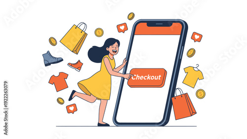 Happy Woman Shopping Online on Smartphone, Pressing Checkout Button. E-commerce Mobile Retail Concept.