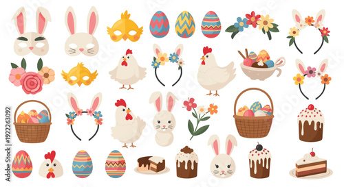 Comprehensive set of easter elements including bunny masks colorful eggs chickens flower headbands and festive cakes on white.