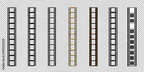 Six strips of perforated 35mm film negatives on a transparent background
