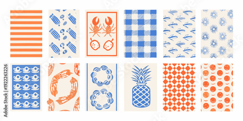 Collection of nautical themed rectangular patterned fabric swatches