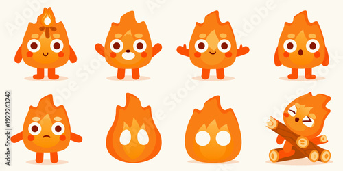 Cute cartoon flames with various expressions and a fiery character with wood