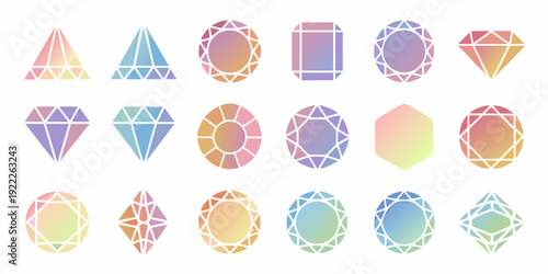 Colorful gemstone icons in various faceted shapes arranged in rows