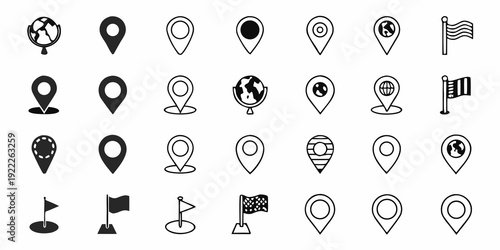 Collection of monochrome location pin and flag icons in a grid
