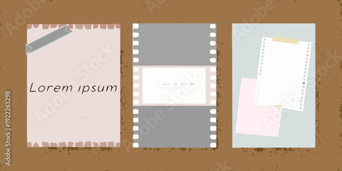 Three illustrated filmstrip frames with attached paper and tape