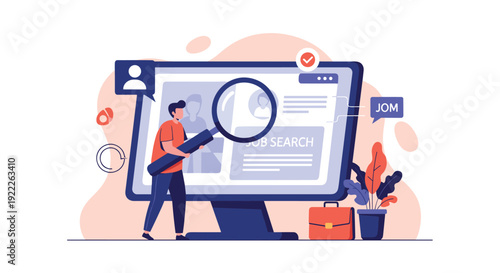 Young man holding a large magnifying glass searching for a job on a computer screen representing recruitment and career growth.