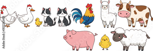 Cute farm animals cartoon set with cow pig sheep chicken rooster and cat playful vector illustration for kids nursery and agriculture designs