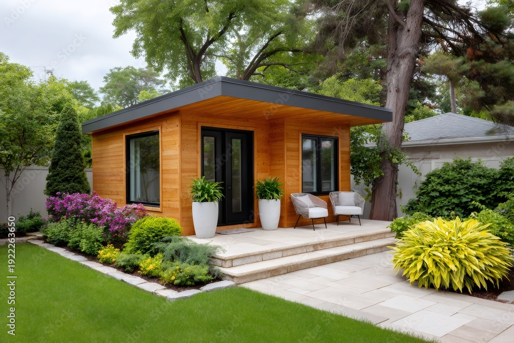 Fototapeta premium Backyard modern studio cabin offering a tranquil workspace