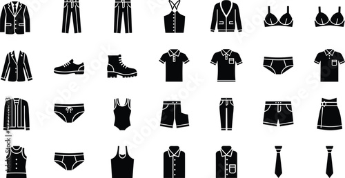 Mens and womens clothing apparel icons set including suit jacket pants polo shirt underwear bra shoes boots tie and fashion accessories