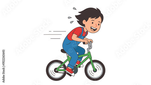 Joyful child energetically riding a bicycle, perspiring from effort
