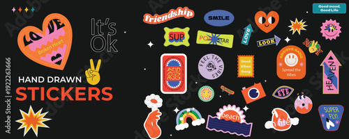 Rock roll sticker collection with drawn illustrations. Funky hipster and rave stickers, 90s style rock and roll doodles. playful punk badges for music festival.