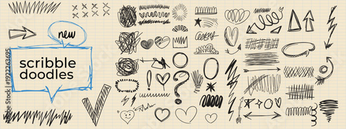 Scribble doodle underlines, ovals and hand drawn scrapbook elements. Hand drawn arrows and cross hatch texture. 
