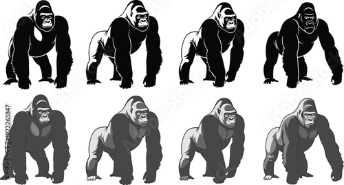 Powerful Gorilla Silhouette Vector Set Featuring Silverback Primal Ape Illustrations in Various Poses and Shading Styles for Strength and Mascot Design.