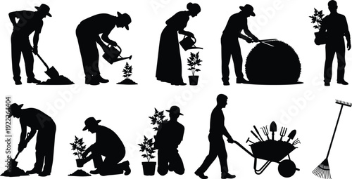 Gardener working with plants and tools, people digging watering trimming pushing wheelbarrow silhouette vector illustration set isolated