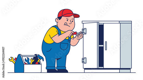 Cartoon handyman fixing a cabinet with a screwdriver, repair and maintenance illustration.