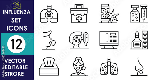 Influenza set icons collection featuring medical line symbols including virus, thermometer, medicine, mask, laptop consultation, tissues, and healthcare elements in editable stroke vector style