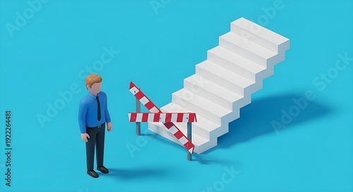 Career Path Obstacle: Male 3D figure standing before white stairs blocked by red warning barrier, progress restriction, professional challenge, business and limitation concept