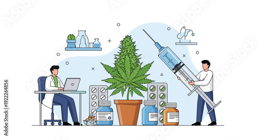 Scientific research of medical cannabis with laboratory workers analyzing a marijuana plant with giant syringe and pills.